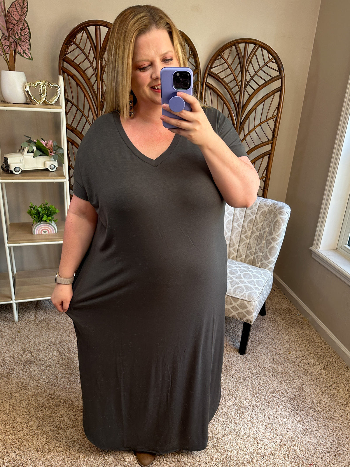 Like a Lady Short Sleeve Open Cut Side Slit Maxi - Ash Gray
