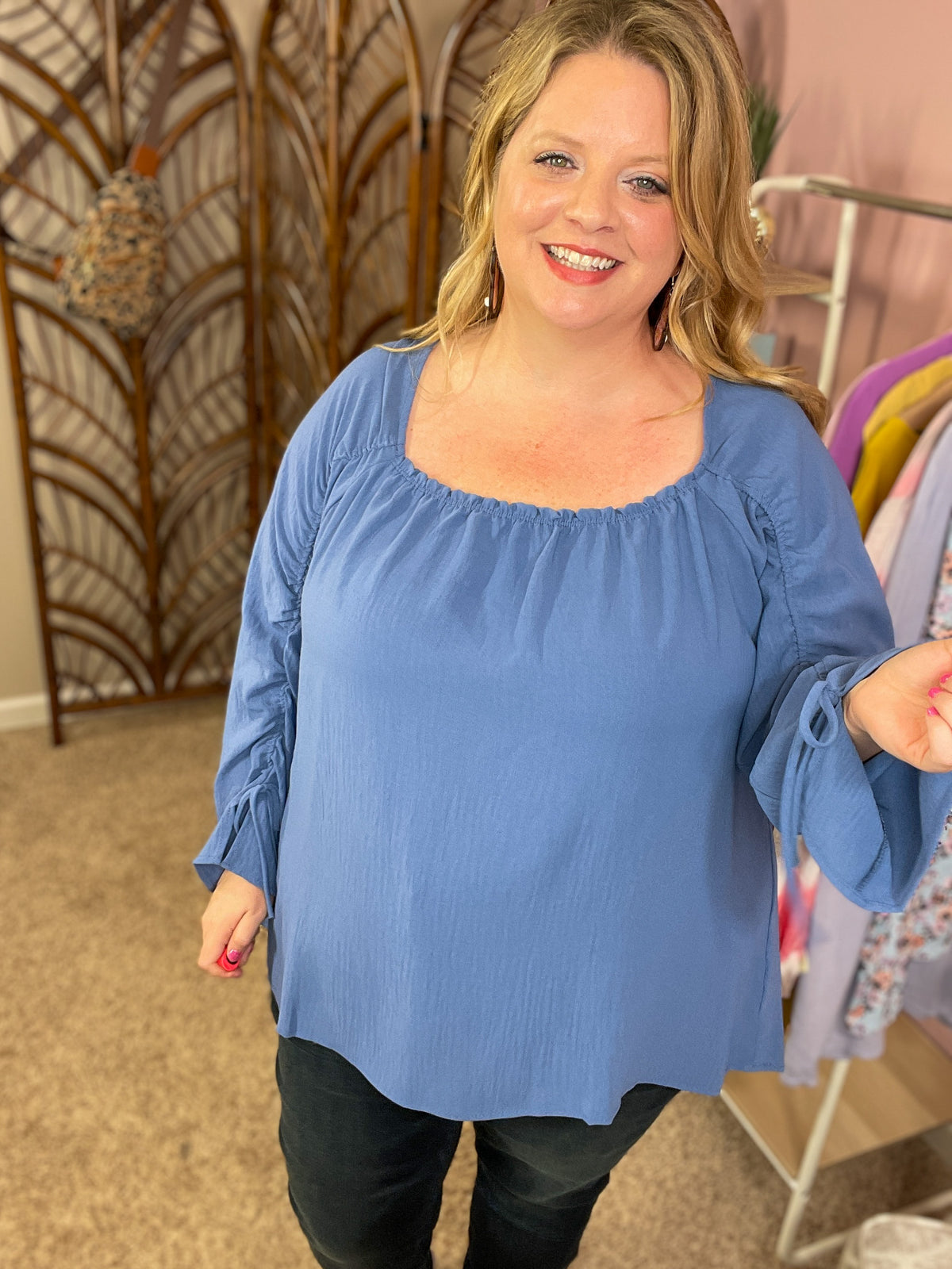 Make Your Wish Ruched Sleeve Top - Denim Blue