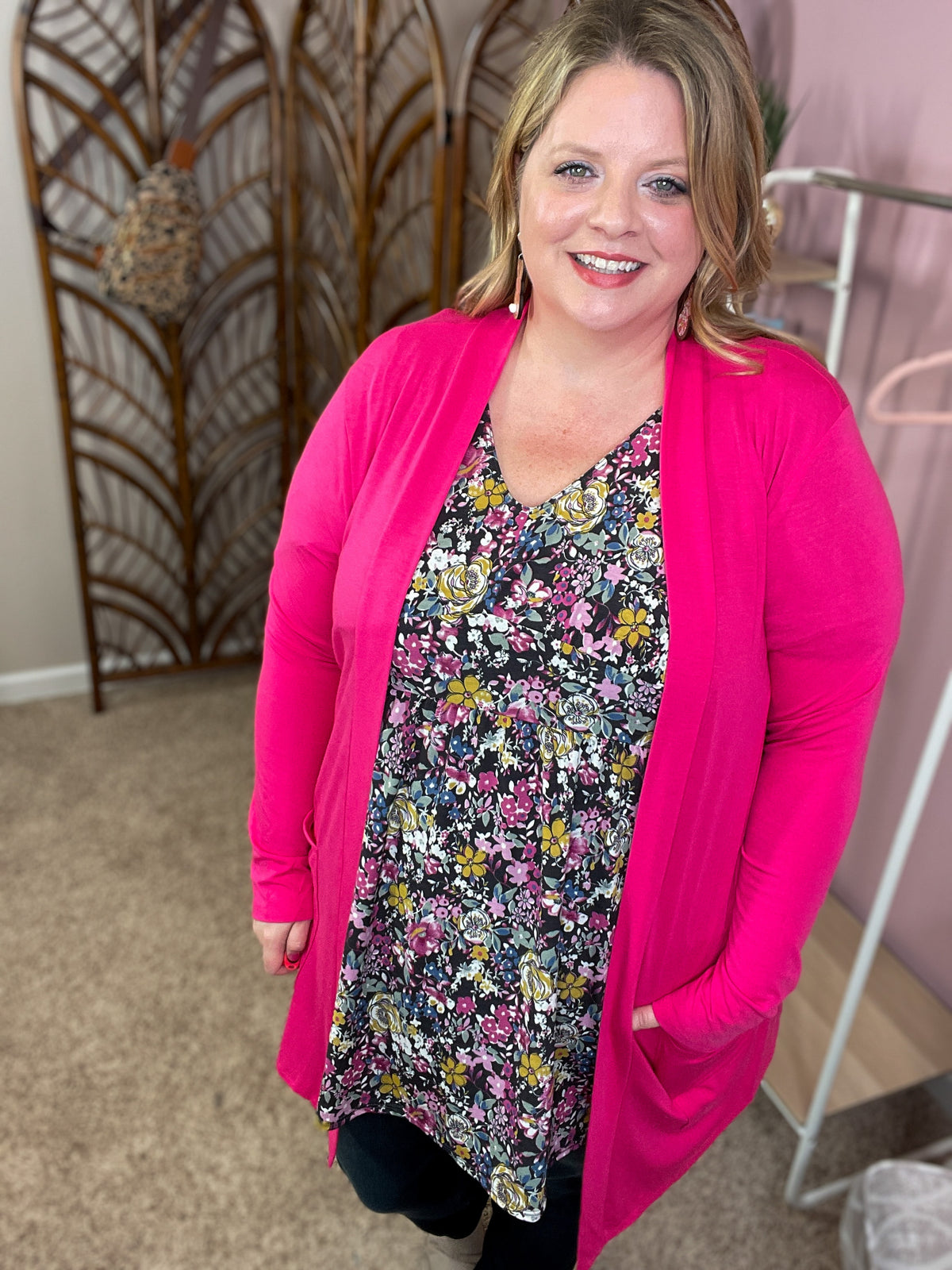 Always Perfect Long Sleeve Pocket Cardigan - Fuchsia