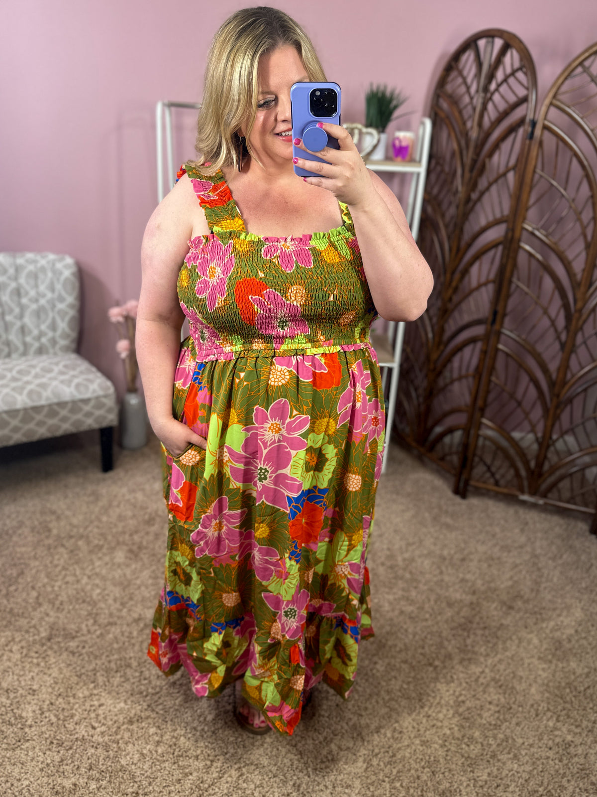 It&#39;s Delightful Smocked Dress - Olive Floral